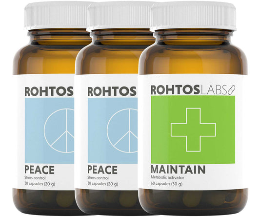 The Serene Bundle combines two bottles of Peace and a bottle of Maintain for a straightforward and continuous 30-day course. Both Peace and Maintain formulations share a common backbone in green tea based bioactive compounds.
